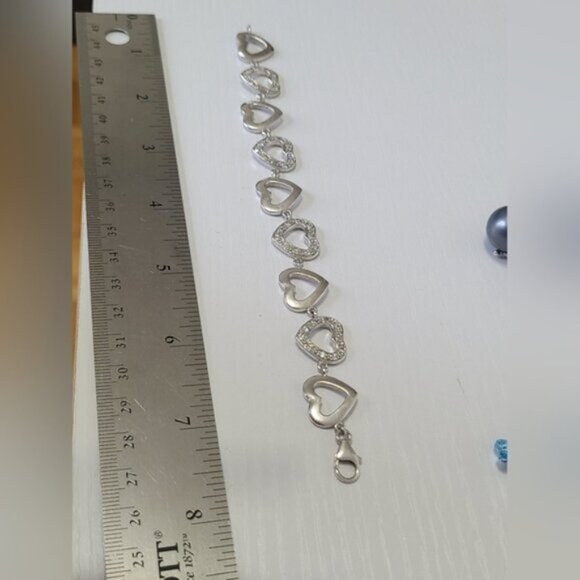 Vintage Sterling Silver Chain Link Crystal Rhinestone Heart Bracelet - Picture 12 of 12